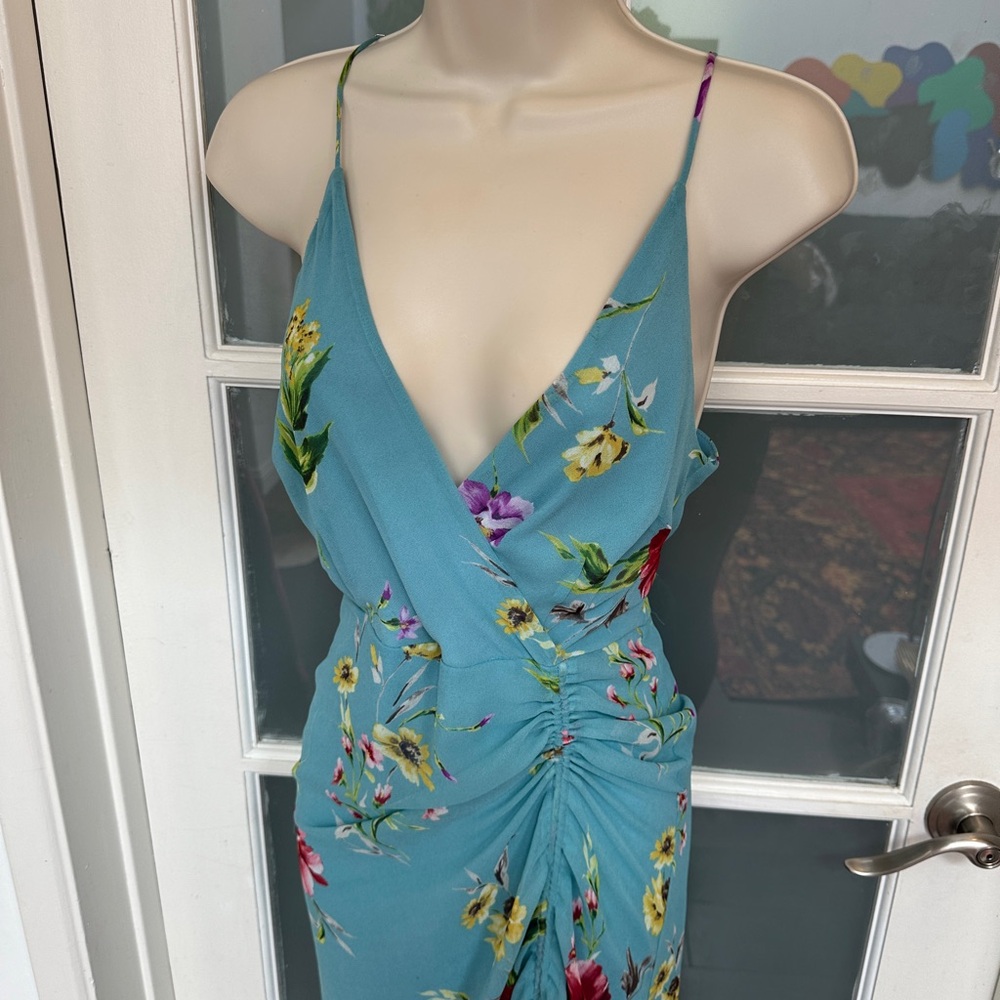 Astr Blue Ruched Midi Dress Plunge Neckline